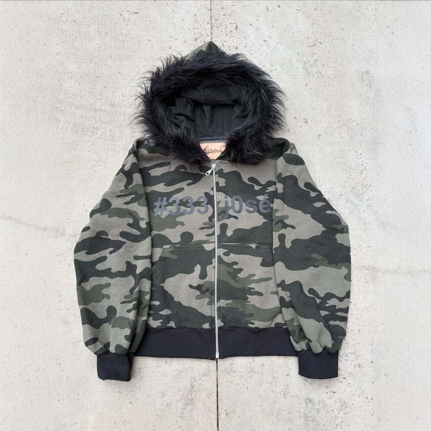 Fur Hooded Collar Streetwear Print Zip-Up Long-Sleeved Pullover Hoodie