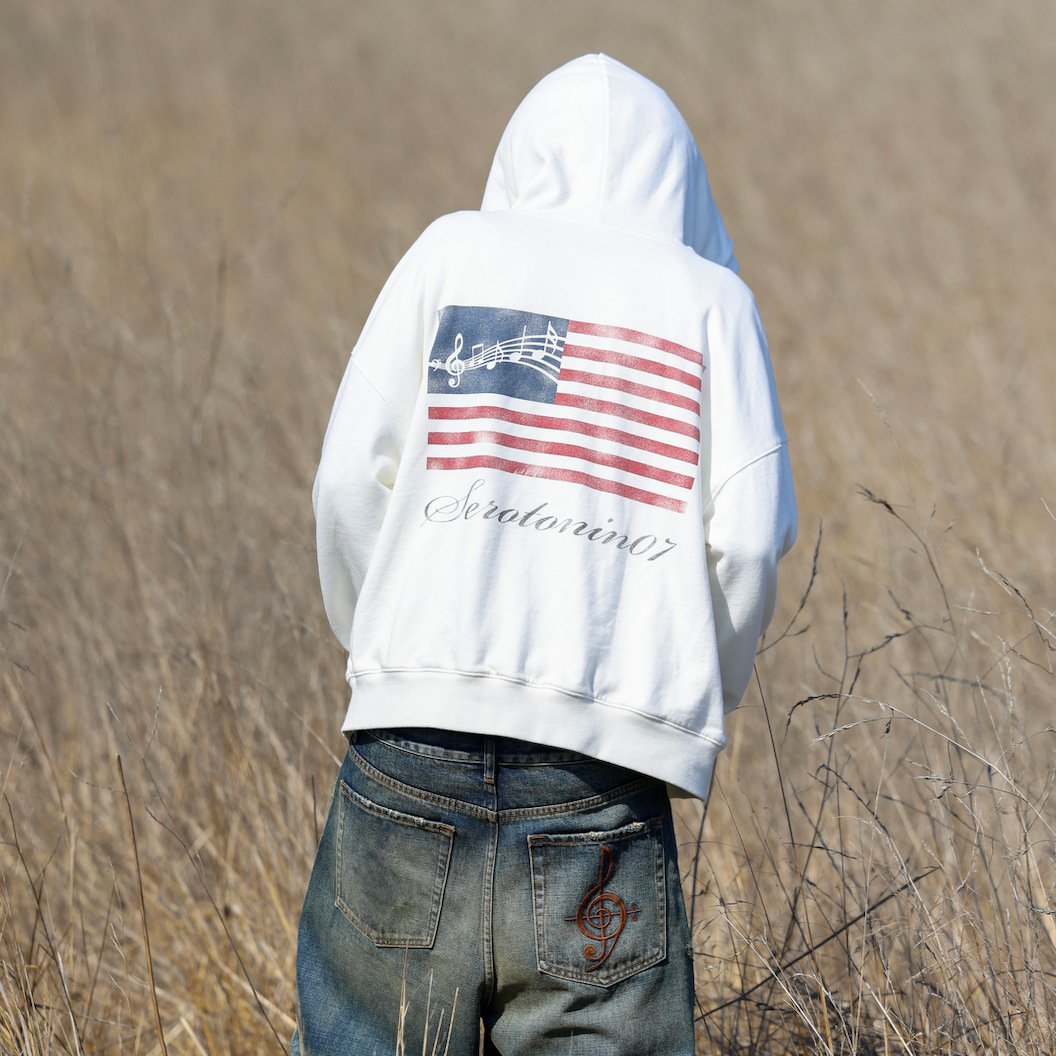 Y2K Vintage Trend Hoodie Music Note American Flag Printing Hoodie - 图片 3